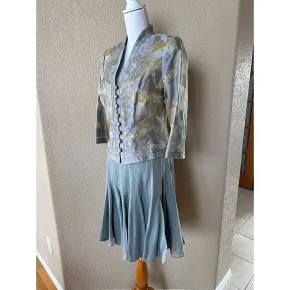 Carmen Marc Valvo Skirt Suit Sz 8 Blazer Set Jacket Silk Womens Dusty Blue Green - Picture 4 of 15